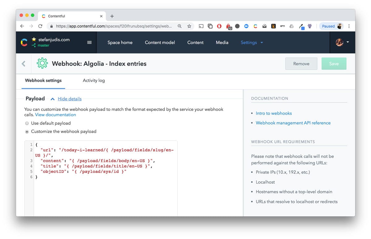 Custom Contentful webhook payload using JSON pointers