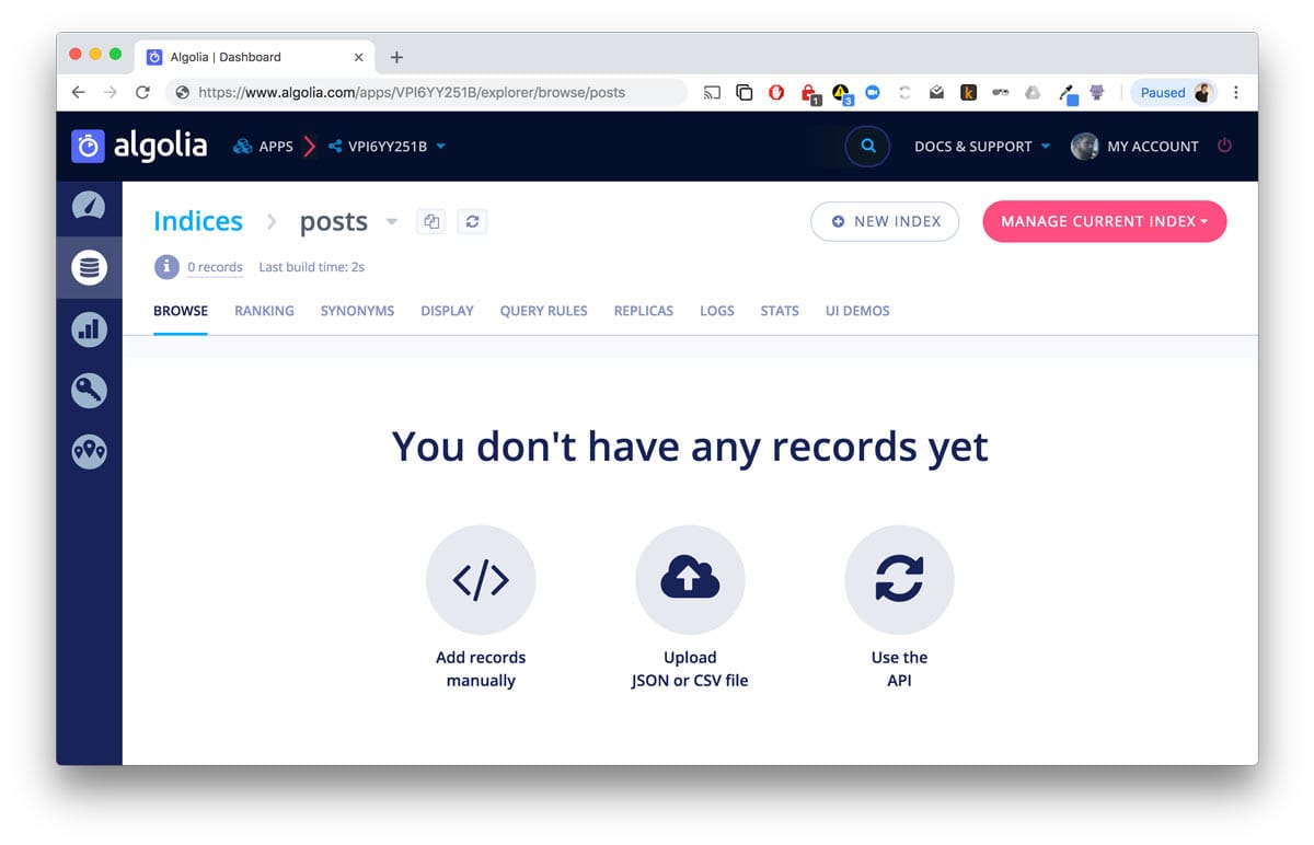 Algolia interface showing options to import data