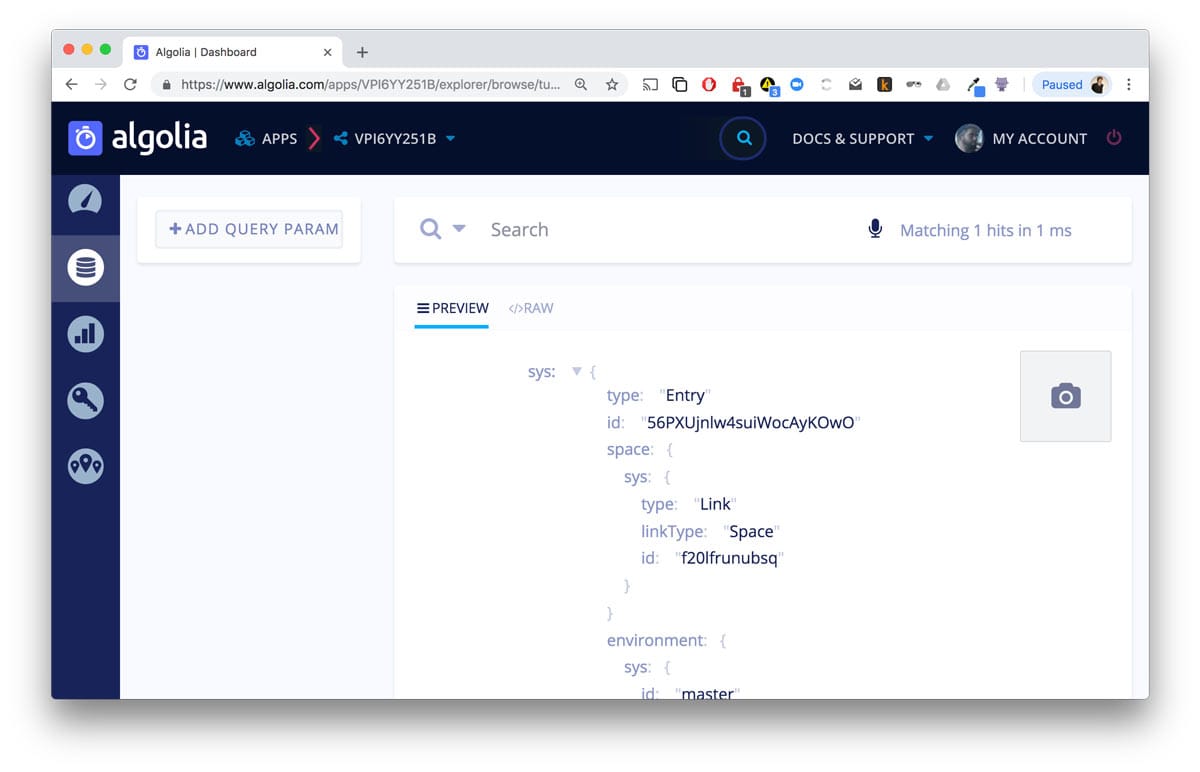 Algolia interface showing indexed Contentful metadata