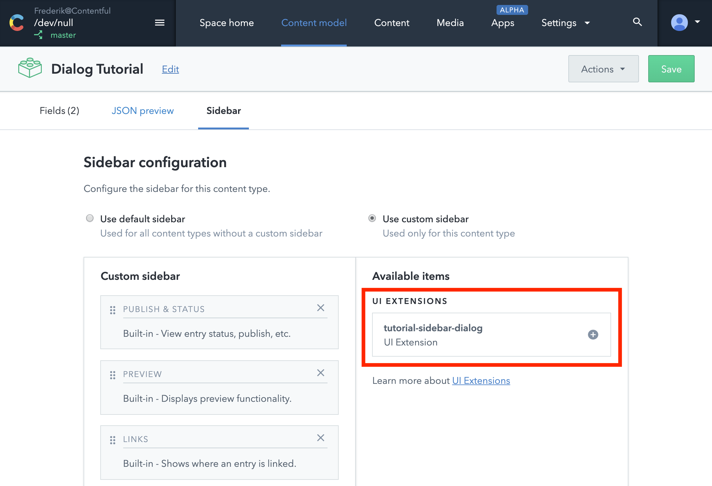 Custom sidebar configuration in the Contentful web app