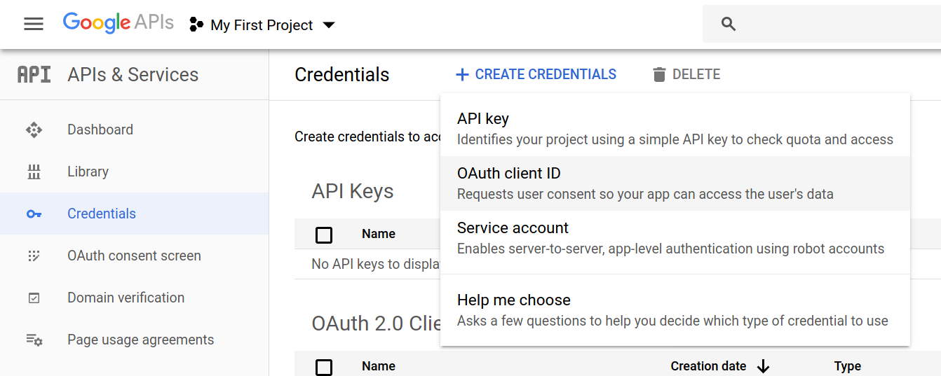 Dev console create oauth credentials